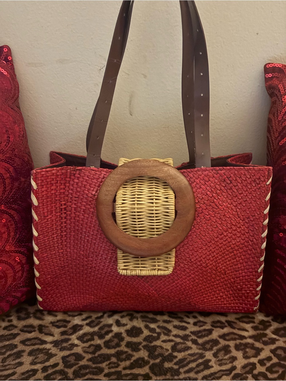 Woven Red Tote Bag with Wooden Accent